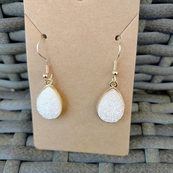 Boutique Jewelry - 3/$25 DANGLE Teardrop WHITE Druzy Gold Earrings